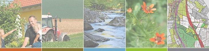 Bild Kopfbereich mit den fünf Leistungsbereichen: Kommunen, Landwirtschaft, Wasserwirtschaft, Naturschutz und Flächenmanagement